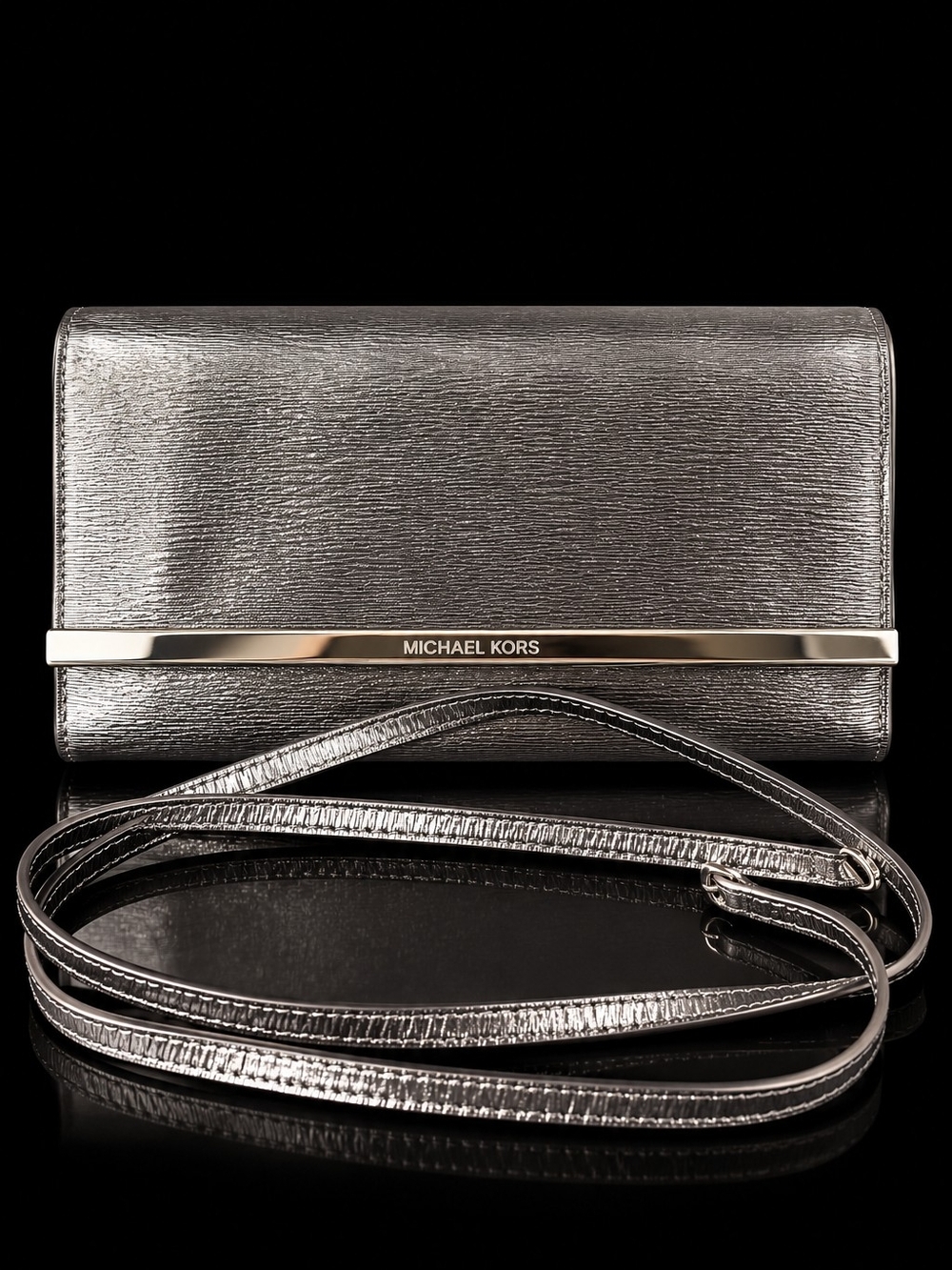 MICHAEL KORS Metallic Pewter Silver Saffiano Leather Clutch Shoulder Bag
